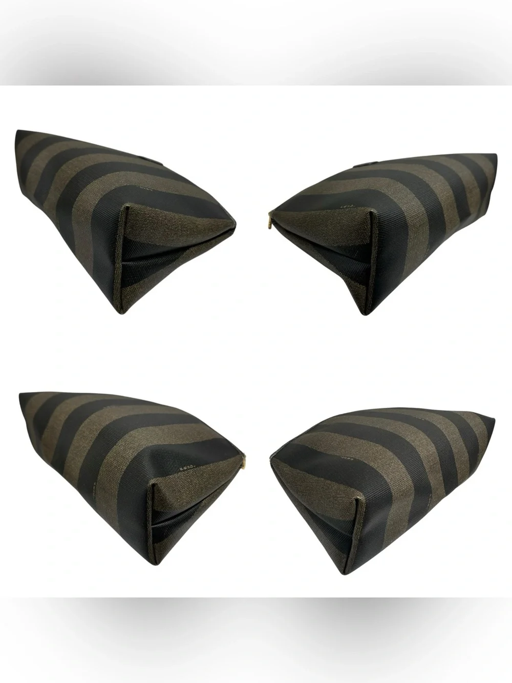 FENDI Black & Tan Pequin Striped Coated Canvas Leather Dome Clutch Pouch